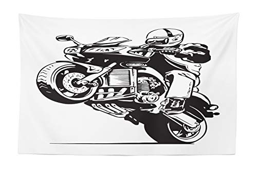 Ambesonne Motorcycle Tapestry, Cool and Talented Rider Wheelie Doing Stunt