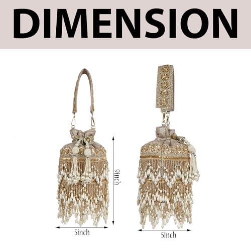 Image of Nevis Silk Fabric Designe Fringe Potli Bag with Pearl Tassels & Beaded Handle | Luxury Ethnic Drawstring Clutch for Wedding