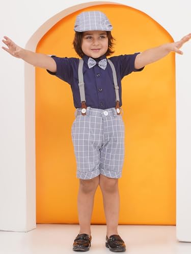 Image of AJ DEZINES Kids Clothing Cotton Blend Checkered Printed Shirt Shorts With Cap and Suspenders Set for Boys