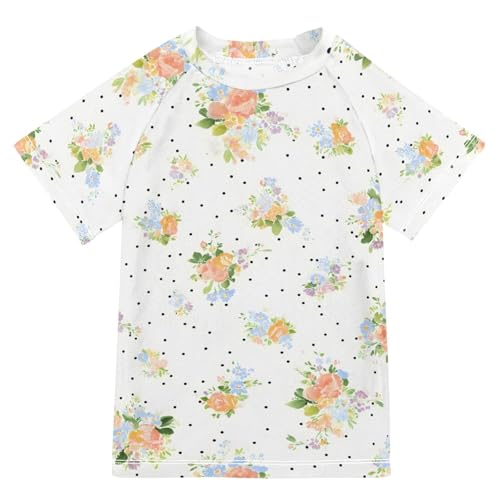 ALAZA Kids Rash Guard Girls Toddler Swim Shirts Short Sleeve Flower White Dot UPF 50+ 3T