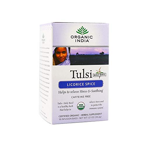 Organic India Tulsi Licorice Spice Herbal Tea - Stress Relieving & Soothing, Immune Support, Adaptogen, Vegan, USDA Certified Organic, Non-GMO, Caffeine-Free - 18 Infusion Bags, 1 Pack