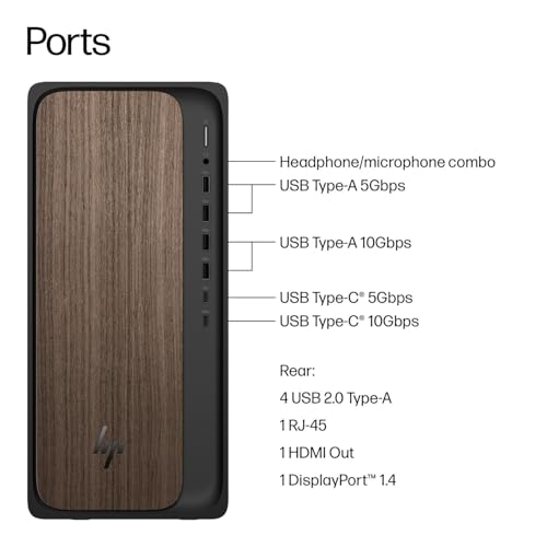 Image of HP OmniDesk Desktop M03 Ai Tower Computer - Series 2 Intel Core Ultra 9-285 Processor, 32GB DDR5 RAM, 8TB PCIe NVMe SSD, Intel UHD Graphics, Wi-Fi 6 (2x2), Bluetooth 5.4, Windows 11 Home, Dark Wood