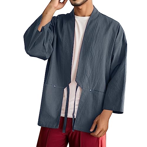 Modeewel Camisa deportiva para hombre kimono japonés cárdigan casual chaqueta tradicional japonesa samurai ropa suelta de moda yukata camisa vintage para hombre kimono camisa lisa camisa casual, azul