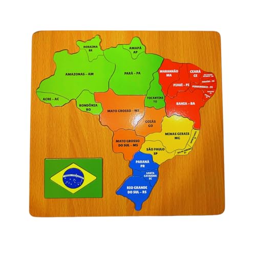 Quebra-Cabeça Educativo Mapa do Brasil em Madeira, Estados e Regiões Coloridos
