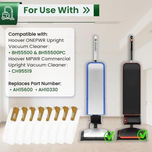 8 Pack HEPA Vacuum Bags Replacement for Hoover ONEPWR Cordless Upright Vacuum Cleaner BH55500PC, BH55500 & Commercial CH95519 - Replaces Part AH15600, 5-Layer Filtration & Leak-Proof Design