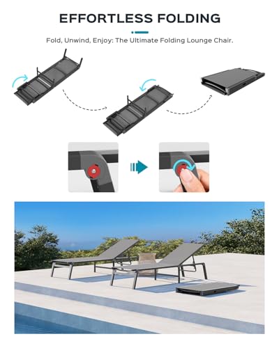 Patio Chaise Lounge Chair, Foldable Lounge Chair for Outside, Aluminum Chairs Set of 2 with 5 Adjustable Backrest, Outdoor Pool Lounger for Poolside, Lawn, Deck, Grey