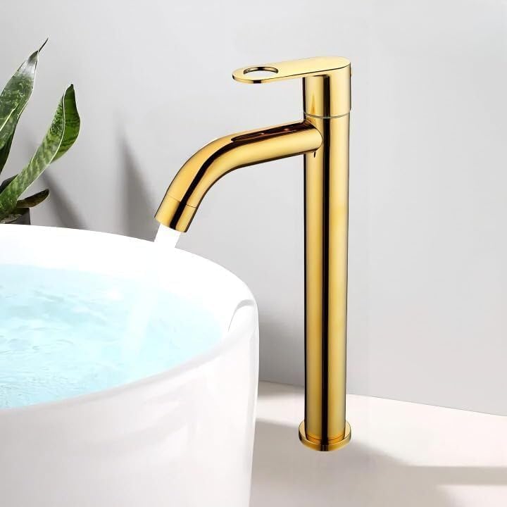 SS Extended Tall Body Pillar Cock 12 Inch Gold Finish Waterfall Faucet | Single Lever Cold Water Tap for Wash Basin Bathroom | Deck Mounted Stainless Steel Golden Sink Tap-image-24
