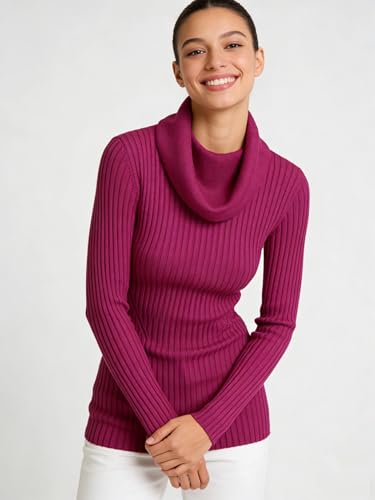 Image of v28 Women's Stretchable Cowl Neck Knit Long Sleeve Slim Fit Bodycon Sexy Sweater