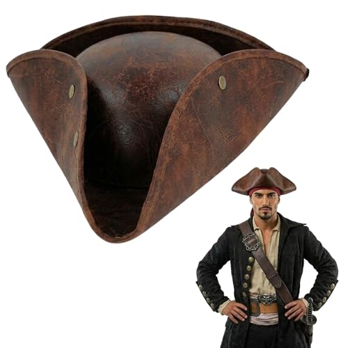 Image of Vervora Pirate Tricorn Hat Adult Vintage Distressed Pirate Captain Hat Colonial Tricorn Pirate Hat Fancy Dress Costume Accessory for Halloween Cosplay Party Stage Performance (Brown Pirate Hat)