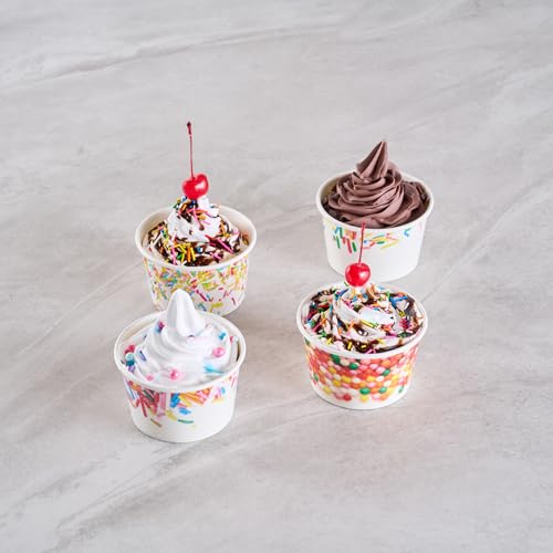 Image of Restaurantware Paper Cups 200 Count 8 Ounce Square Disposable Ice Cream Containers, Leak-Resistant Paper Dessert To Go Cups, Hot And Cold Food, Durable Assorted Sprinkle Design