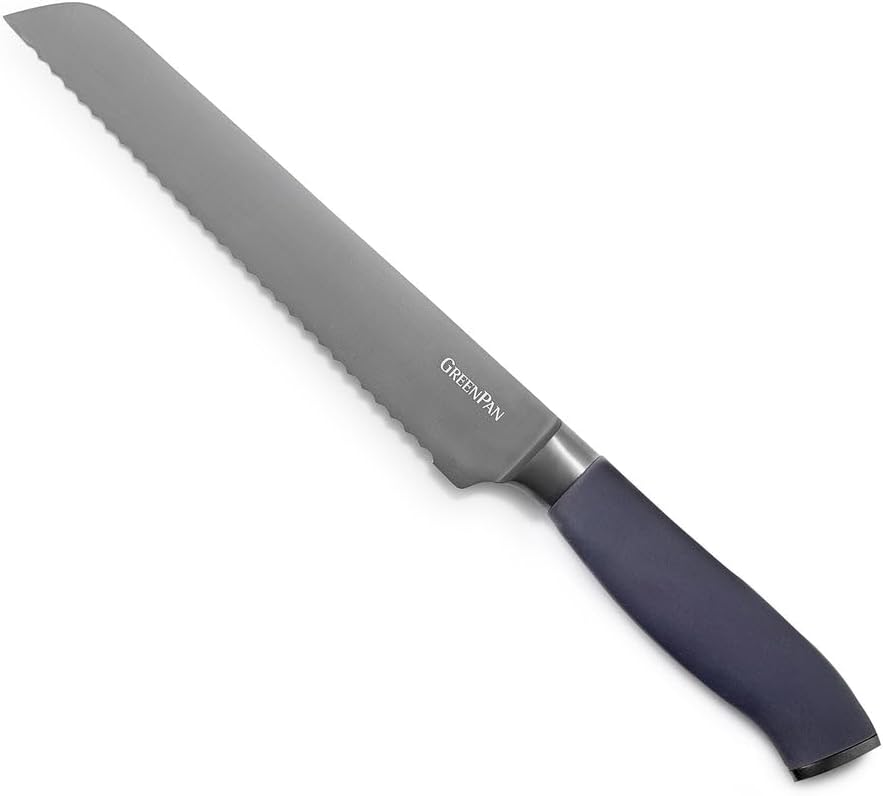 GreenPan Titanium 8" Bread Knife, Titanium Coated, Stainless Steel, Eco-friendly, Ergonomic Grip, Slip Resistant, Balanced, Heat Treated, Hand Sharpened, Dishwasher Safe