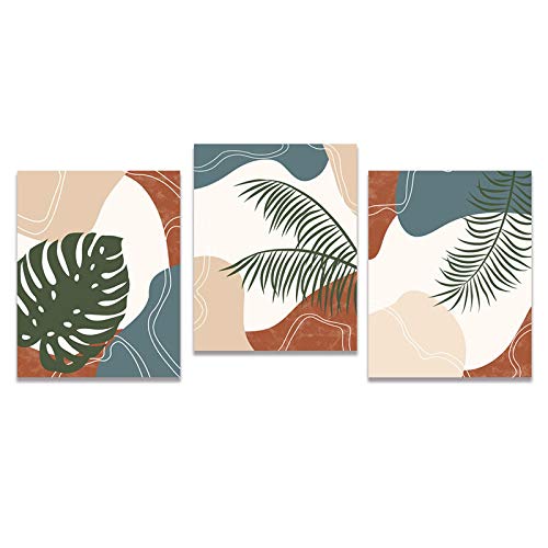 Peinture abstraite rétro feuilles pour une ambiance zen - Toile art moderne affiche salon x3