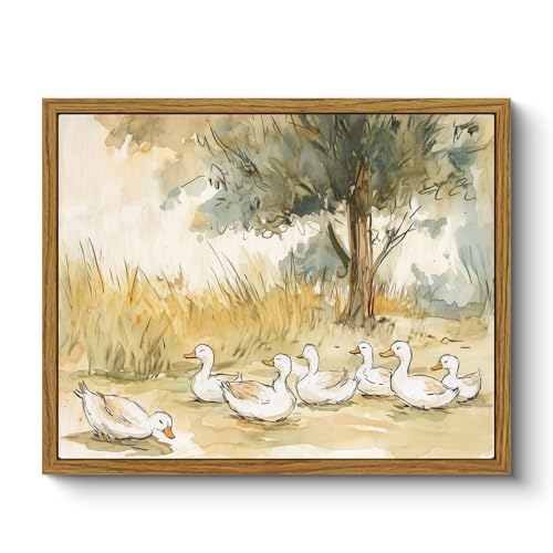 Image of ARPEOTCY Vintage Framed Canvas Wall Art, 8x10inch, Farmhouse Nursery Duck Wall Decor, Rustic Art Prints Home Decor, Cute Duck Illustration Paintings for Living Room Bedroom Office Decoration