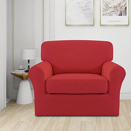 Image of Easy-Going 2 Pieces Stretch Sofa Slipcover for Armchair Washable | Spandex Soft Fitted Sofa Couch Cover for Living Room Washable Furniture Protector with Bottom Kids Pet Christmas Red