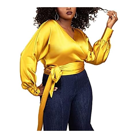 AOMEI Women's V Neck Top Long Sleeve Elegant Front Bow Tie Wrap Blouse, Yellow, Medium Cover