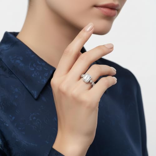 Image of Choose Your Gemstone Bezel Set Emerald Accented Diamond CZ Ring Rose Gold Plated Emerald Shape Side Stone Engagement Rings for Women, Girls and Ladies US Size 4 to 12