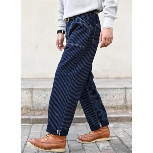 Men’S Vintage Slim Fit Striped Selvedge Denim Full Length Jeans Zipper Fly Midweight Light Wash Daily Wear Pockets3