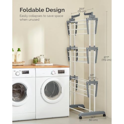 Image of Foldable Cloth Drying Stand 3-Tier with 1 Year Warranty | Steel Clothes Dryer Rack with Wheels | Rust-Resistant | Dual Braked Casters | Indoor Balcony Bedroom Use | Cloth Dryer Stand for Home