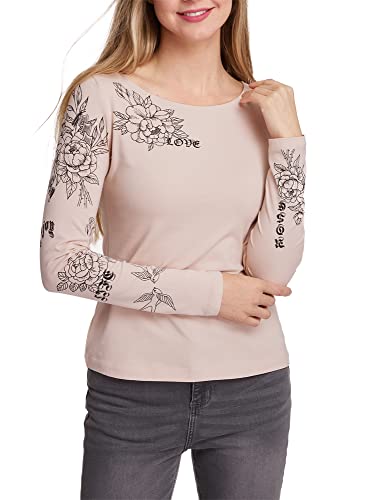 oodji Collection Damen Baumwoll-Langarmshirt mit Druck, Rosa, DE 38 / EU 40 / M