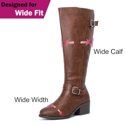 Image of Luoika Women's Extra Wide Calf Heeled Knee High Boots. | Wide Width, Winter Boots, Block Heel, Adjustable Buckle, Round toe