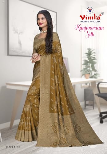 Image of Vimla Women's Kanjivaram Silk Uniform Saree and Unstitched Blouse Piece | Office School Uniform Saree For Women | Sari for Women