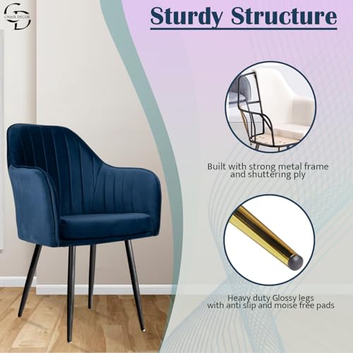 Image of Velvet Accent Chair | Luxury Upholstered Armchair with Sturdy Metal Legs | Modern Comfortable Chair for Living Room, Bedroom, Office, or Cafe (Black Legs, Blue)
