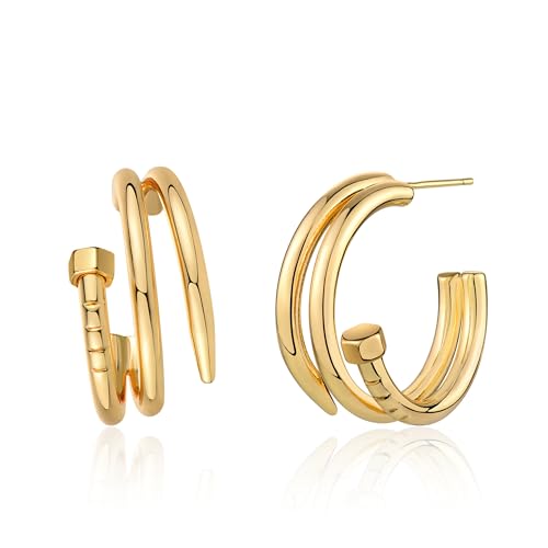 FETTERO Split Hoop Earrings 14K Gold Plated Chunky Hoop Earrings for Women Dainty Hypoallergenic Half Hoop Earring Jewelry Triple Hoop Earrings