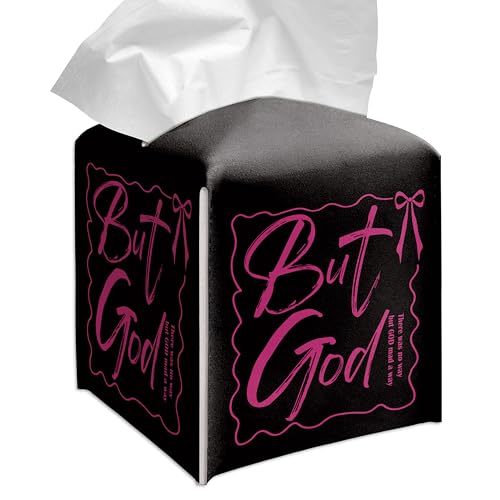 Grace Yonks Cute Tissue Box Cover Square - “But God” Christian Quote in Pink on Black Design 5.2" PU Leather Holder for Vanity, Desk, or Bathroom Counter - Cube Case for Facial Tissues(023)
