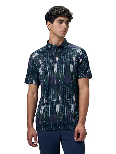 Image of TECHNOSPORT Men's Slim Fit All Over Print Polo Neck T-Shirt with Technocool+, UPF50+ for Regular Use