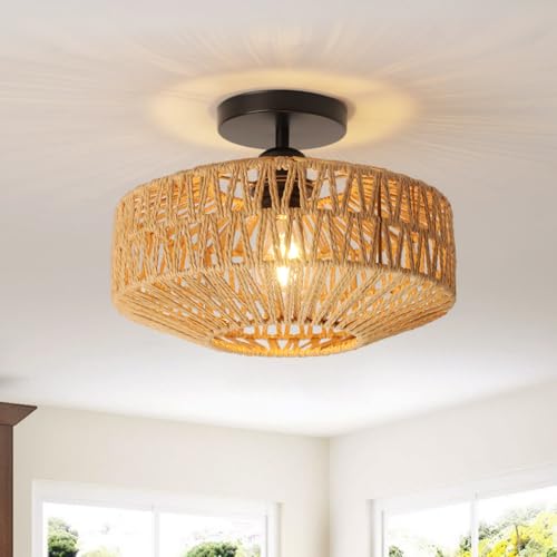 Kariosid Boho Light Fixtures Ceiling Mount,11.8" Coastal Hand-Woven Rattan Ceiling
