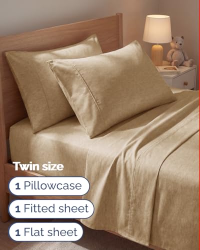 Image of Twin 4 Piece Bed Sheet Set - Breathable & Cooling Sheets - Heathered Tan