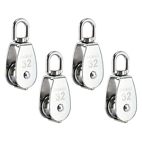4Pcs M32 Single Pulley Block, Creatiee-Pro Heavy Duty 304 Stainless Steel Pulley Roller Crane Swivel Hook, Wheel Swivel Rigging Lifting Wheel Fixed Pulley for Wire Rope Loading 250kg Cover