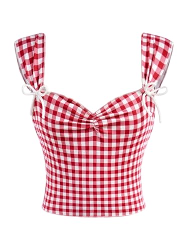 SweatyRocks Girl's Bow Plaid Print Tank Tops Cute Ruched Sweetheart Neck Vest Top