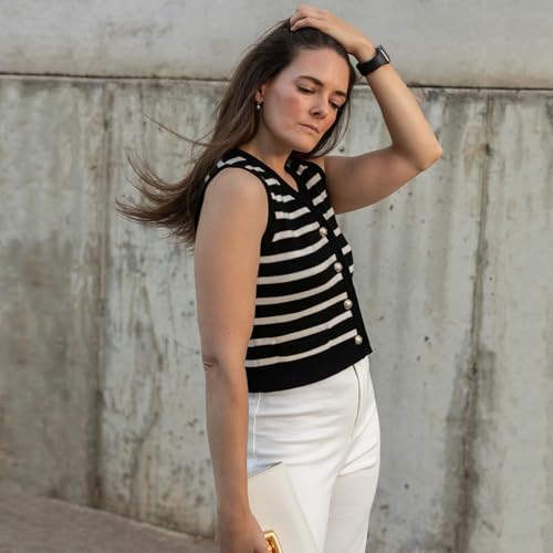 Image of Women's Striped Cropped Knit Vest - Sleeveless V Neck with Gold Buttons, Business Casual Multi-Season Layering Top