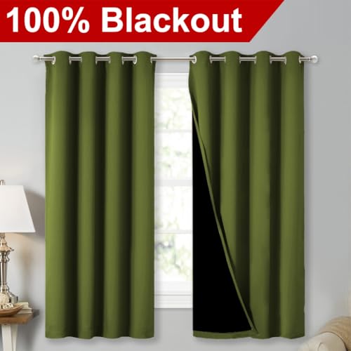 Image of NICETOWN 100% Blackout Curtains 54 inch Long, Olive Green, 1 Pair, 52 inch Width Each Panel, Double-Deck Completely Blackout Window Treatment Thermal Insulated Lined Drapes for Small Window
