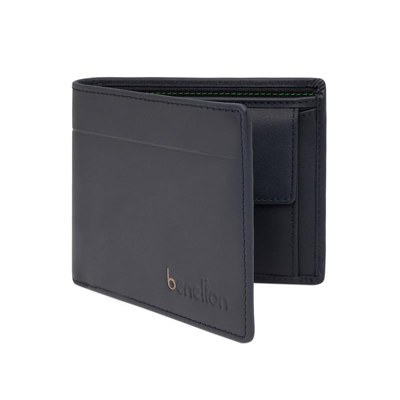 Image of United Colors of Benetton Men's Genuine Leather Global Coin Wallet Gweru - Navy | Slim Bifold with Secure Coin Pouch, 2 Compartments 4 Card Slots | Stylish Purse of Gents