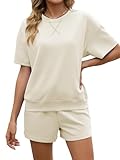 Famulily Tracksuit Womens Full Set Summer 2 Piece Outfits Ladies Loose Loungewear Co ord Sets Soft Solid Tops and Shorts with Pockets Beige M