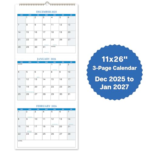 2026 Wall Calendar - 3 Month Calendar 2026 Vertical, Dec 2025 - Jan 2027, 3 Month Wall Calendar, 11 x 26 In Open, 2026 Calendar with Large Print, Holidays, Thick Paper, large blocks & Notes