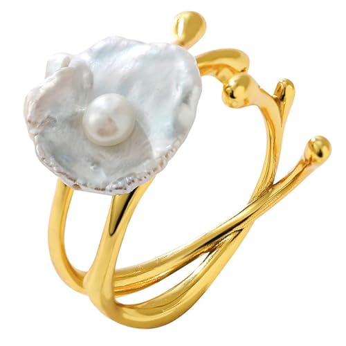 Bague réglable femme en argent, cadeau fleur et perle baroque unique