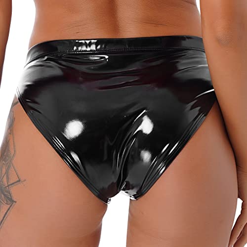 Feeshow Women Wetlook Side Lace-Up Faux Leather Mid Waisted Booty Shorts Brief Cheeky Bottoms 3# Black Large #TOP3