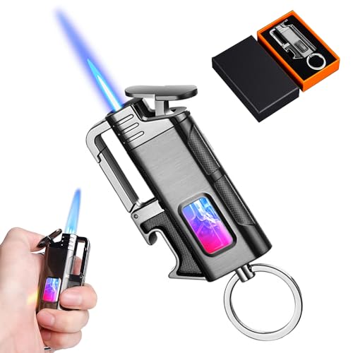 Briquet Chalumeau, CJBIN Briquet Tempete Gaz Rechargeable, Bri-Quet Tempête avec Fenêtre de Visualisation à LED, Décapsuleur et Porte-Clés, Bri-Quet Coupe-Vent pour...