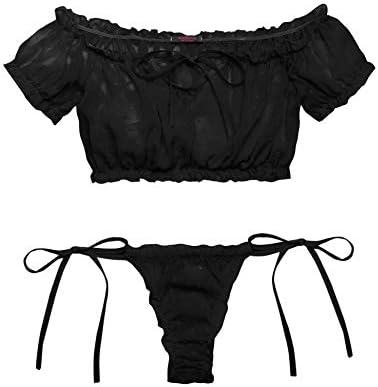 Avidlove 2Pcs Cute & Sexy Chiffon Lingerie Set Polka Dot Transparent Bra and Thongs Set Black
