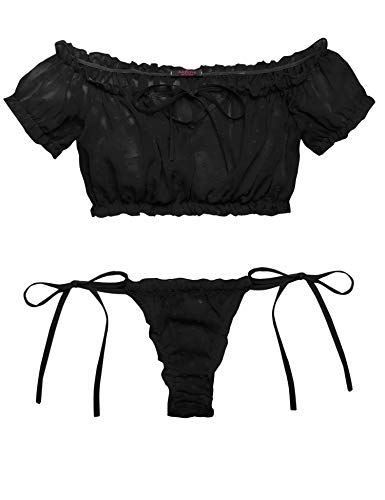 Avidlove Womens Sexy Ruffle Lingerie Set Off Shoulder Baby Doll Teddy Outfit Bra an Pantie Nightie Black L
