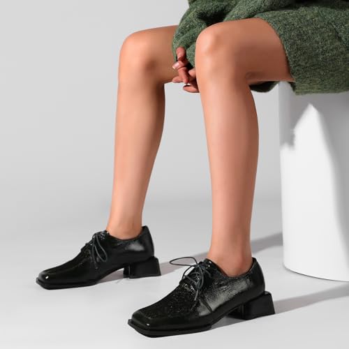 Image of Loafers for Women Patent Leather Buckle Square Toe Chunky Block Dress Slip On Wide Casual Comfortable Dressy High Heels Ladies Comfort Moccasins Elegantes 2 Inch Shoes