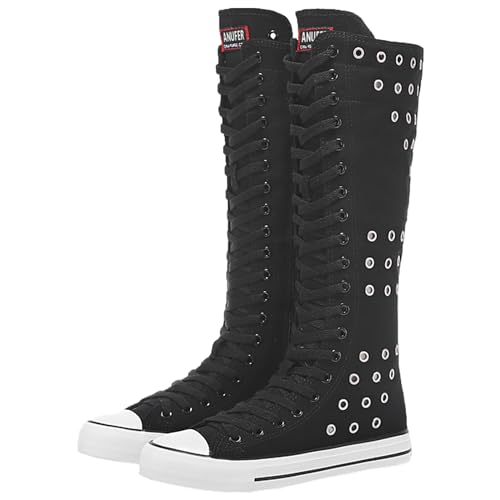 Image of ANUFER Women Fashion Canvas Dance Boots Knee High Bicycling Boots Girls Fancy School Shoes