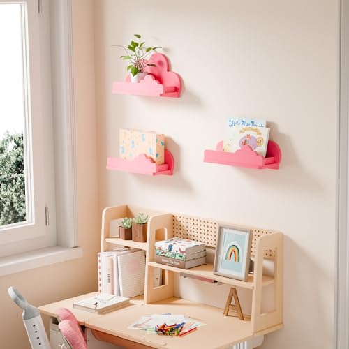 Lot de 3 étagères murales nuage en bois rose pour une chambre de bébé