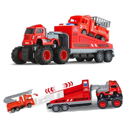 Image of SHIPEASE Friction Powered Fire Engine Truck Toys for Kids Boys 1 /43 Die Cast Metal Model Fire Rescue Excavator Engineering Car Trailer Miniature Toy Pull Back Vehicle (Multicolor)