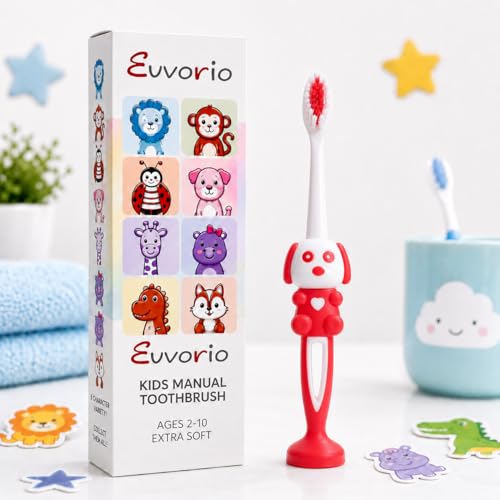 Image of Toothbrush for Kids with Ultra Soft Bristles for Oral Cleaning, Suitable For 2-12 Years Toddlers, Dog Design, Red, Pack of 1