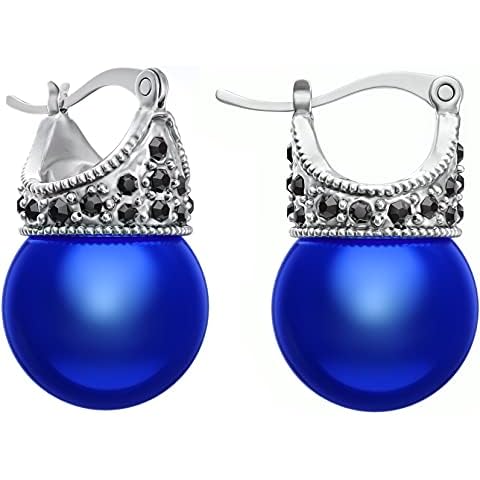 Lova Jewelry Glass Pearl & Hematite Crystal Accent Crown Shape Clip on Hook Earrings for Wedding, Bridal, Formal & Fashion (Cobalt Blue) Cover