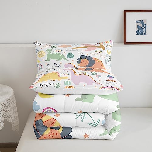 Image of Feelyou Dinosaur Comforter, Cute Rainbow Dino Comforter Set Toddler Size for Kids Boys Girls Jungle Dino Comforter Set Toddler Size Cartoon Rainbow Wildlife Duvet Set Durable Quilt Set